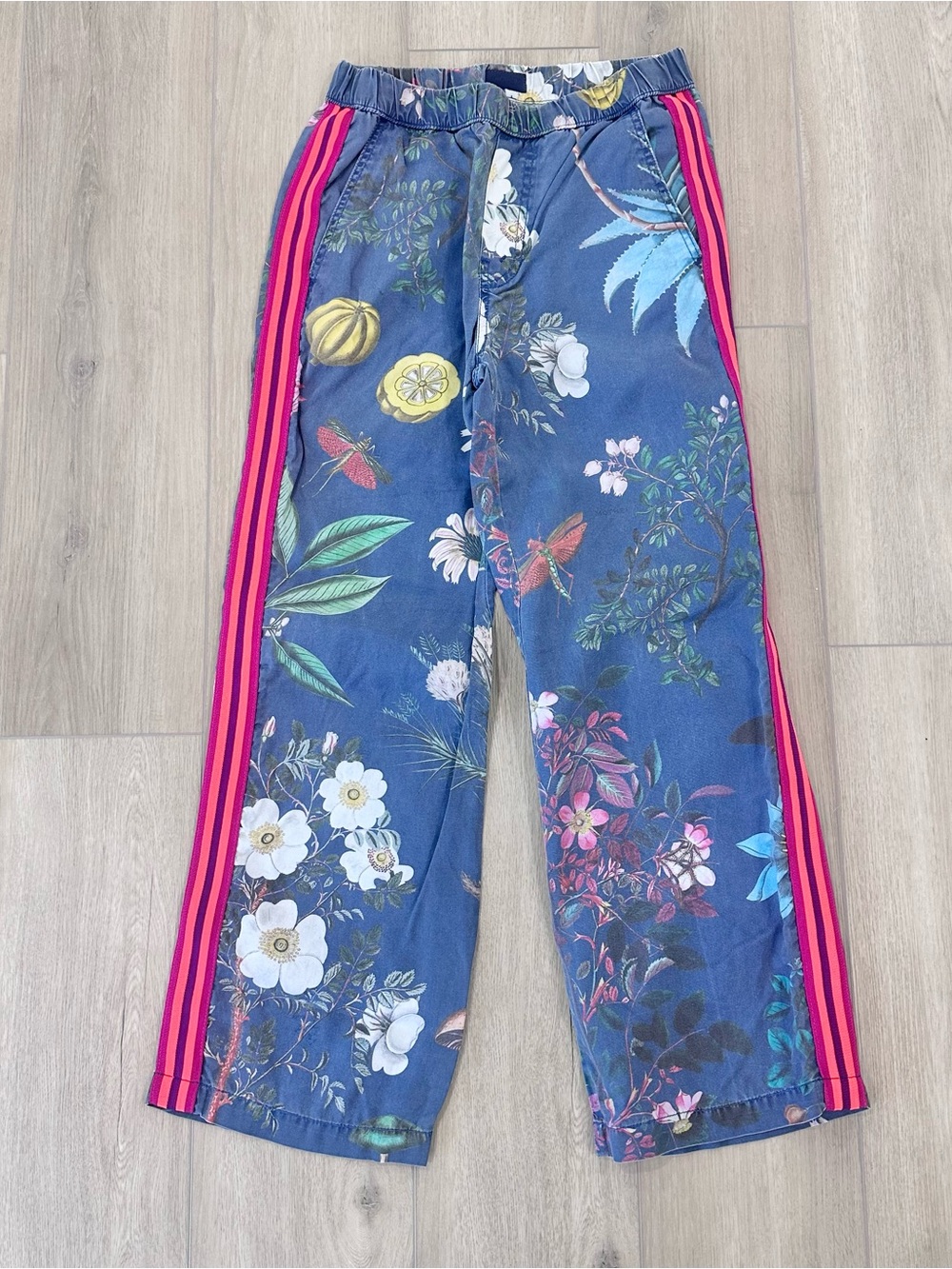 MOTHER Floral Straight Leg Pants in Navy with Pink Stripe